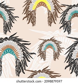 Editable Vector of Front View Native American Headdresses Illustration in Various Colors as Seamless Pattern for Creating Background of Traditional Culture and History Related Design
