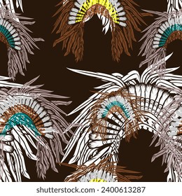 Editable Vector of Front View Native American Headdresses Illustration in Various Colors as Seamless Pattern With Dark Background for Traditional Culture and History Related Design
