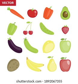 Editable Vector fruits and vegetables icons minimal colorful set