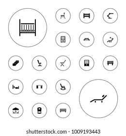 Editable vector furniture icons: baby bed, sunbed, wardrobe, table, rocking chair, bench, table lamp, cupboard, chair, table under umbrella, garden bench on white background.