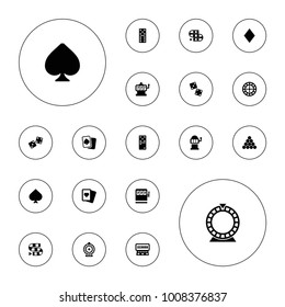 Editable vector gambling icons: spades, slot machine, domino, roulette, dice, dice game, diamonds on white background.
