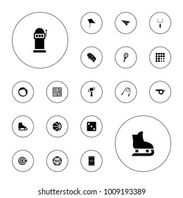Editable vector game icons: kite, 100 casino chip, dice, ice skate, skipping rope, football pitch, goal post, tennis rocket, beanbag, beach ball, lottery on white background.