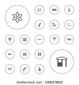 Editable vector garden icons: beetle, flower, bamboo, lawn mower, cutter, gardening knife, gardening tool, chain saw, pot for plants, fence, gazebo on white background.