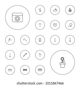 Editable vector garden icons: fence, tree and bench, shovel, hoe, garden hammer, plant, pond, flower, bamboo, gardening tool, scythe, pot for plants on white background.