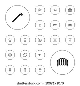 Editable vector garden icons: potato, pear, barrow, fence, flower, shovel, gate, cutter, garden hammer, plant in pot, tree, nesting house, harden hose on white background.