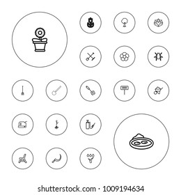 Editable vector garden icons: shovel and rake, beetle, flower, lawn mower, construction, pitchfork, gardening tool, scythe, flower pot, tree on white background.