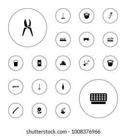 Editable vector gardening icons: barrow, bucket, mud, rake, cutter, gardening knife, gardening tool, pot for plants, sprout plants, bag with ground on white background.