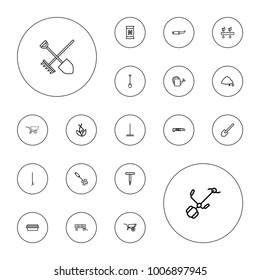 Editable vector gardening icons: wheel barrow, shovel, gardening tool, rake, hoe, cutter, gardening knife, watering can, pot for plants, bag with ground on white background.
