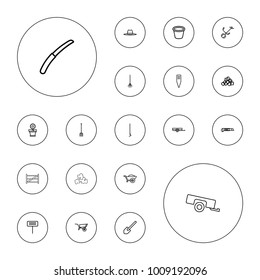 Editable vector gardening icons: wheel barrow, barrow, mud, shovel, pitchfork, rake, hoe, cutter, gardening tool, gardening knife, wheelbarrow on white background.