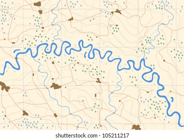 Editable vector generic map of a meandering river valley