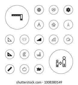 Editable vector geometric icons: apple, panther, diaper, champagne and wine glasses, son and father, compass, atom, triangle, pound, angle, home key on white background.