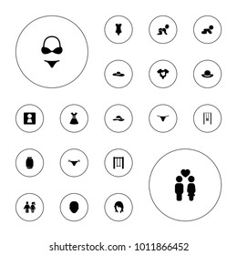 Editable vector girl icons: woman wc, face, woman hairstyle, female underwear, crawling baby, swing, couple, baby, panties with heart, bikini on white background.