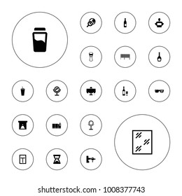 Editable vector glass icons: restaurant table, jetway, mirror, window, clean window, bottle, drink, milk glass, globe search, wine glass and bottle on white background.