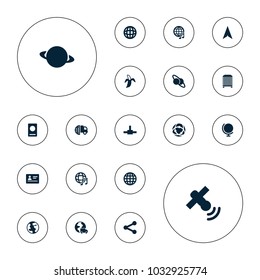 Editable vector global icons: passport, globe, international delivery, banana, planet and satellite, planet, international music, network connection on white background.