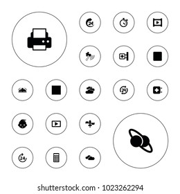 Editable vector glossy icons: 24 hours, cloudy weather, printer, medical cross, planet and satellite, stopwatch, satellite, stop, calculator, play, bell on white background.