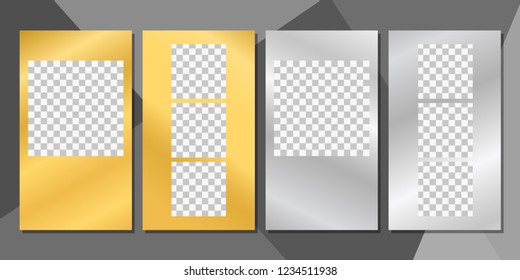 Editable vector gold and silver stories templates. Stylish fashion banners with transparent details. Personal style stories design, digital photo frames