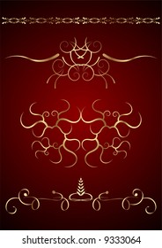 Editable vector golden graphic design elements on dark red background. Easy to change colors.