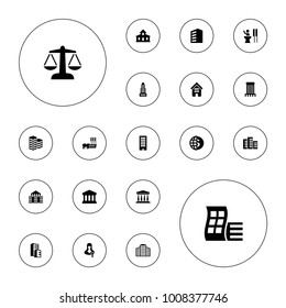 Iconos editables de gobierno vectorial: edificio, moderno edificio curvo, centro de negocios, dólar del mundo, mujer orador, corte de fondo blanco.