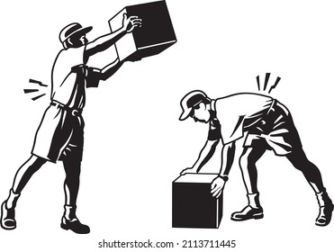 Editable vector graphic of two male workers – one bending over to pick up a box and another lifting or holding a box over head. Each contains back stress marks indicating pain (removable).