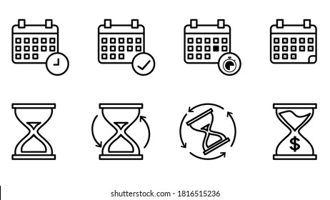 Gráficos vectoriales editables. Fijación de iconos de calendario, fechas límite, horarios, tiempo es dinero. Gestión del tiempo. Observar con líneas delgadas de símbolos para Internet y teléfono móvil en un fondo blanco.