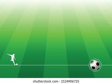 Ein bearbeitbarer, Vektorgrüner Fußballhintergrund mit Fußballspielersilhouette und Fußball 
