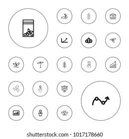 Editable vector grow icons: graph, plant, graph on board, flower pot, flower, seed bag, plant on hand, arrow up on white background.