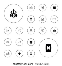 Editable vector growth icons: graph on board, flower, chart on display, money up, arrow up, graph, bag with ground, money tree, chart, flower pot on white background.