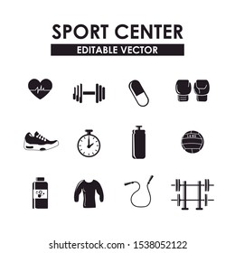 Editable vector. Gym items. Sports object icons.