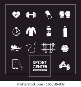 Editable vector. Gym items. Sports object icons.