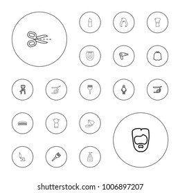 Editable vector hair icons: hair dryer, hairdresser peignoir, straight hair, hair removal, man hairstyle, coloring brush, woman, comb, barber brush on white background.