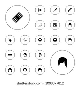 Editable vector haircut icons: comb, man hairstyle, woman hairstyle, hair curler, straight hair, hairstyle, scissors, barber scissors, beauty salon on white background.