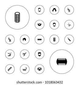 Editable vector haircut icons: comb, barber scissors, barber chair, man hairstyle, hairstyle, hair curler, curly hair, straight hair on white background.