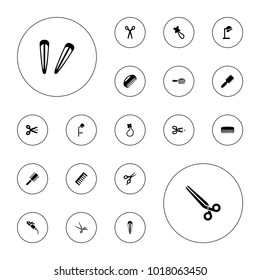 Editable vector hairdressing icons: comb, barber scissors, hair brush, salon hair dryer on white background.