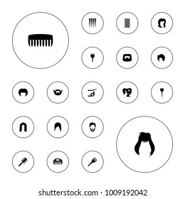 Editable vector hairstyle icons: barber brush, woman hairstyle, coloring brush, comb, hair brush on white background.