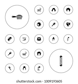 Editable vector hairstyle icons: comb, woman hairstyle, salon hair dryer, curly hair, straight hair on white background.