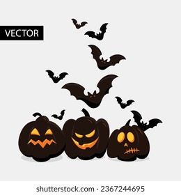 Editable Vector Halloween Celebration Cute Funny Spooky Pumpkin faces with flying bats on white background