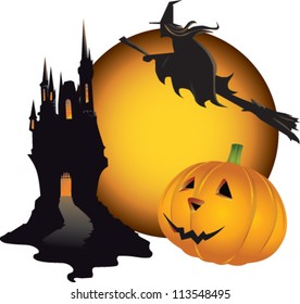 Editable vector Halloween related theme with witch, castle and pumpkin