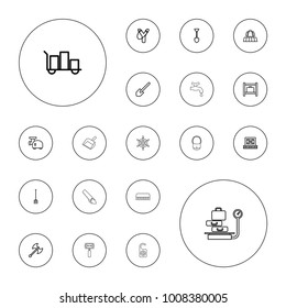 Editable vector handle icons: luggage belt, luggage storage, shovel, luggage, sligshot, pitchfork, cargo on palette, meat grinder, axe weapon on white background.