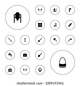 Editable vector handle icons: tank, man with luggage, luggage storage, mirror, bag, shovel, barbell, shopping bag, scalpel, axe weapon, lugagge weight on white background.