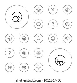 Editable vector happiness icons: balloon, sad smiley, laughing emot, cool emot in sunglasses, emoji showing tongue, clown on white background.