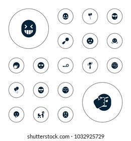 Editable vector happiness icons: beanbag, balloon, cool emot in sunglasses, emot in love, emoji showing tongue, woman with baby carriage, party pipe on white background.