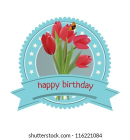 Editable vector happy birthday blue label with red tulips flowers