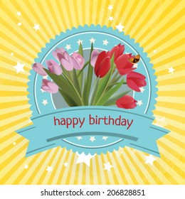 Editable vector happy birthday blue label with red tulips flowers on yellowe background