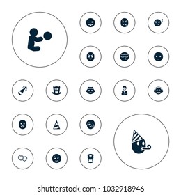 Editable vector happy icons: baby bed, baby girl, casino boy, wink emot, sad emot, emoji showing tongue, emoji listening music, emoji on white background.