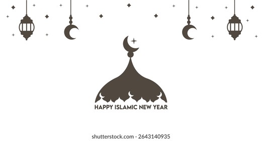 Editable Vector of Happy Islamic New Year – Hijri Calendar Celebration Design featuring elegant calligraphy, crescent moon, stars, lanterns . Best for festive cards, banners, posters, social media.