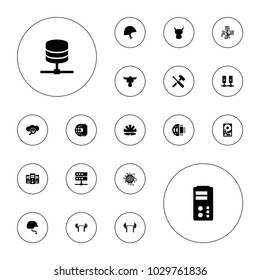 Editable vector hard icons: helmet, barbell, cpu planet, server, search cloud, screwdriver on white background.