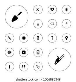 Editable vector hardware icons: pliers, wrench and screwdriver, chain saw, cpu, cpu in tree, server, hard disc, saw, nail, screw on white background.