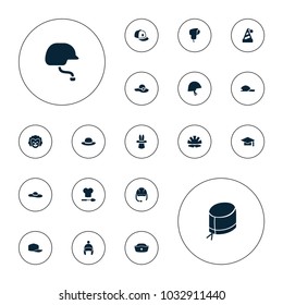 Editable vector hat icons: woman hat, baseball cap, graduation cap, helmet, baby cap on white background.