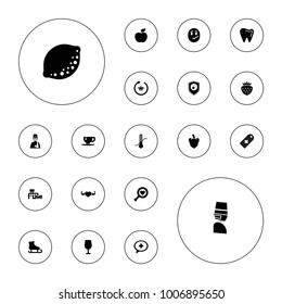 Editable vector health icons: cocktail, heart search, tea cup, ice skating, strawberry, heart with muscles, heartbeat, thermometer, man with broken arm on white background.