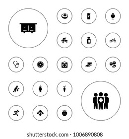 Editable vector healthy icons: beehouse, milkshake, coffee and croissant, protein powder, carrot on fork, strawberry, stethoscope, medical bottle on white background.
